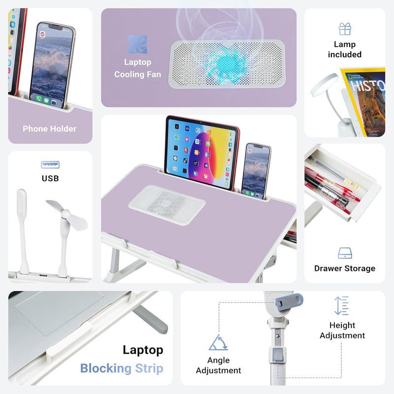 XTRA Laptop Lap Desk Include Cooling Fan,Adjustable Lap Desk with Light Fan,Folding Laptop Desk for Bed with USB,Bed Desk with Storage Drawer 56x32cm,Purple - Image 4